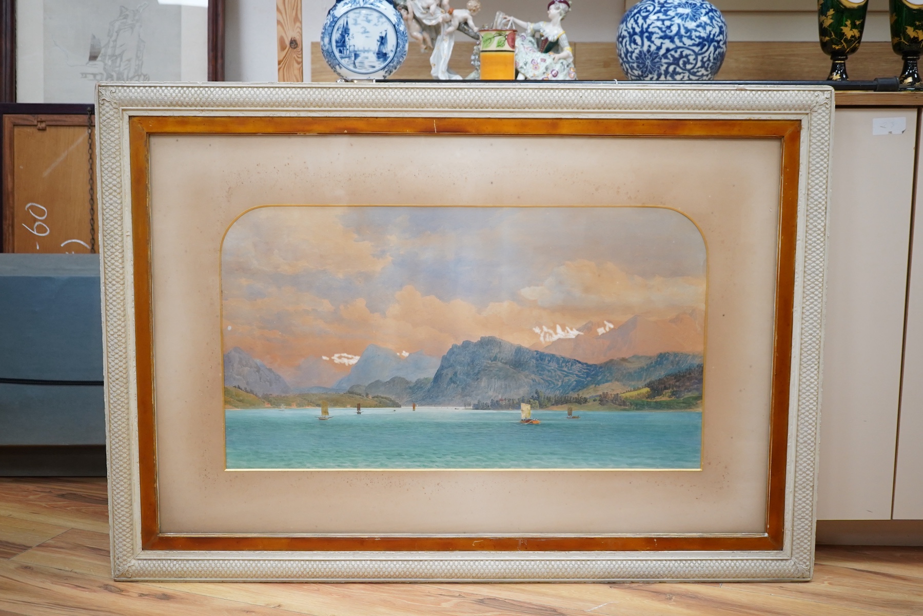 19th century, heightened watercolour, Study of Lake Lucerne, inscribed in ink verso, 40 x 71cm. Condition - fair